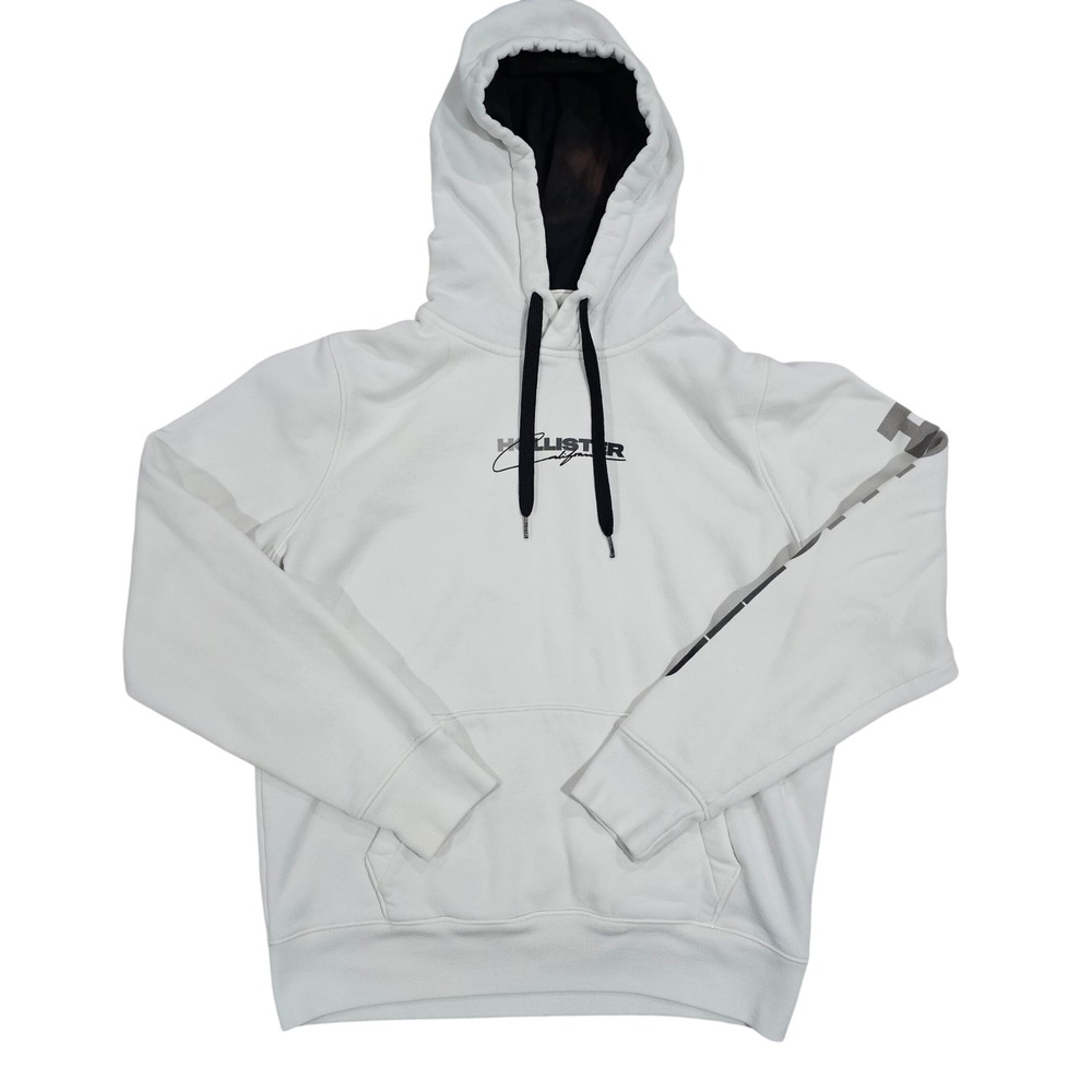 Hollister M Women White Pullover Hoodie Multi-Logo Graphic Fleece
